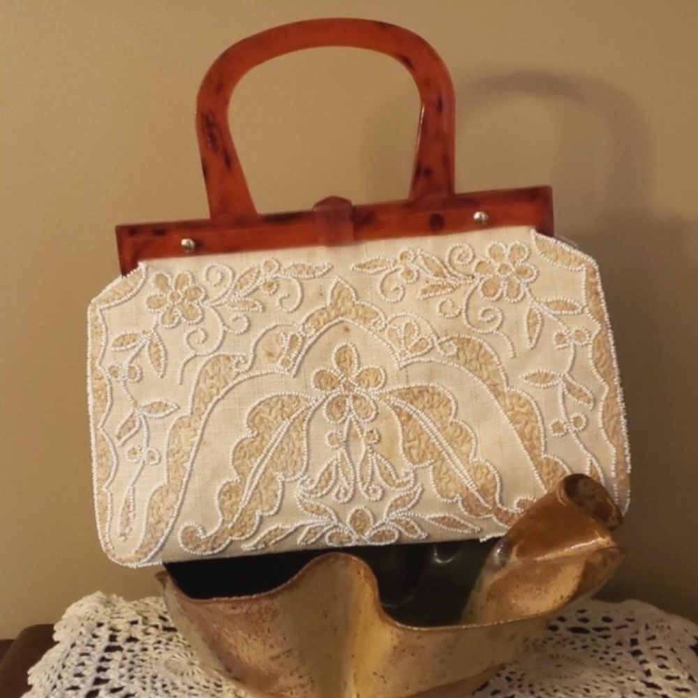 Oberon Vintage Bag Beaded Linen & Acrylic Handle Made in Paris